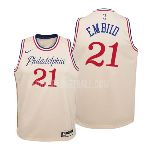 2019-20 philadelphia 76ers joel embiid 21 cream color city edition youth replica jersey