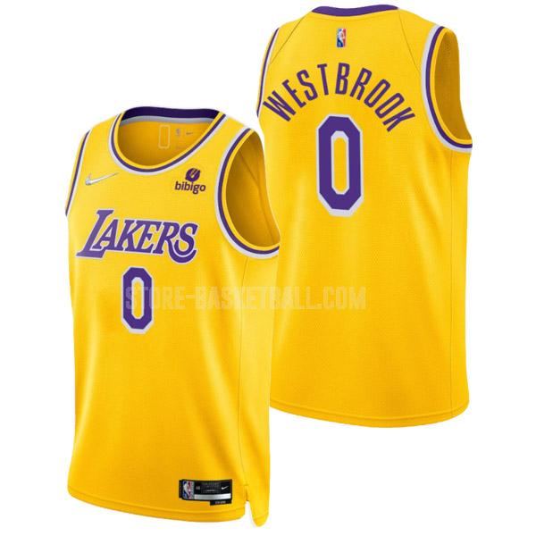 2021-22 los angeles lakers russell westbrook 0 yellow 75th anniversary icon edition men's replica jersey
