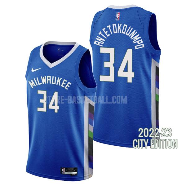 2022-23 milwaukee bucks giannis antetokounmpo 34 blue city edition men's replica jersey