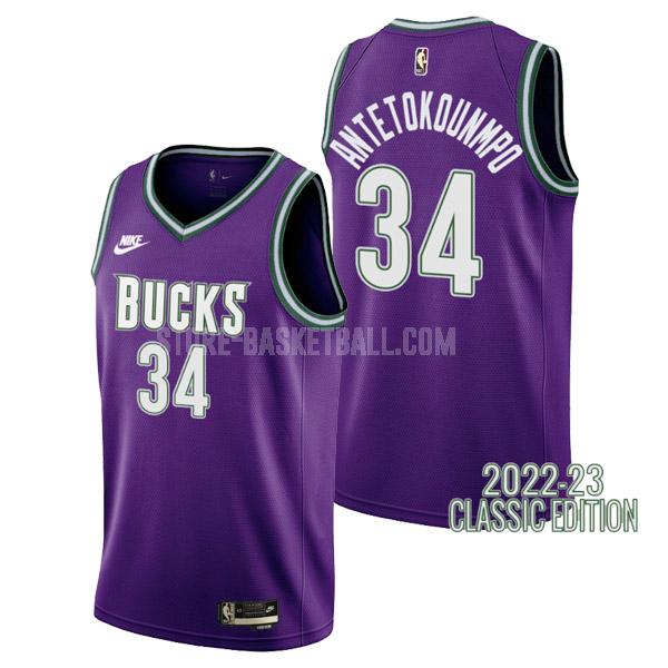 2022-23 milwaukee bucks giannis antetokounmpo 34 purple classic edition men's replica jersey