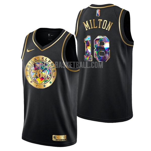 2022 philadelphia 76ers shake milton 18 black golden edition diamond logo men's replica jersey