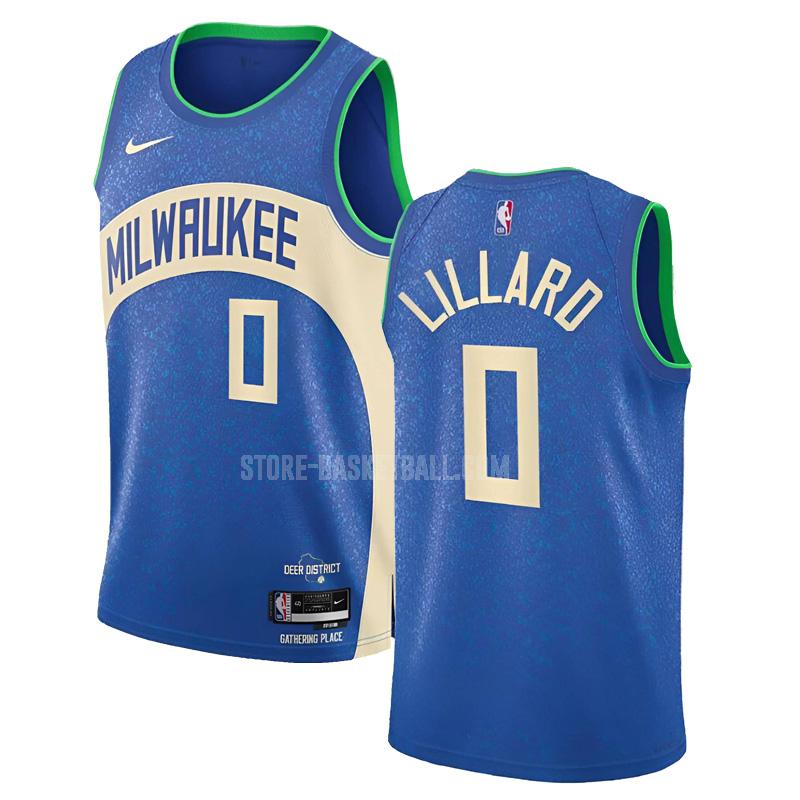 2023-24 milwaukee bucks damian lillard 0 blue city edition men's replica jersey